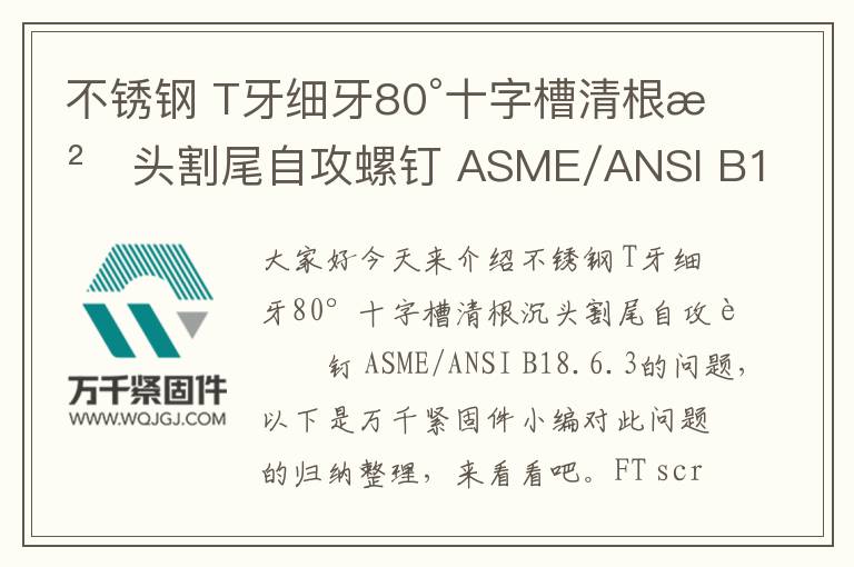 不銹鋼 T牙細(xì)牙80°十字槽清根沉頭割尾自攻螺釘 ASME/ANSI B18.6.3